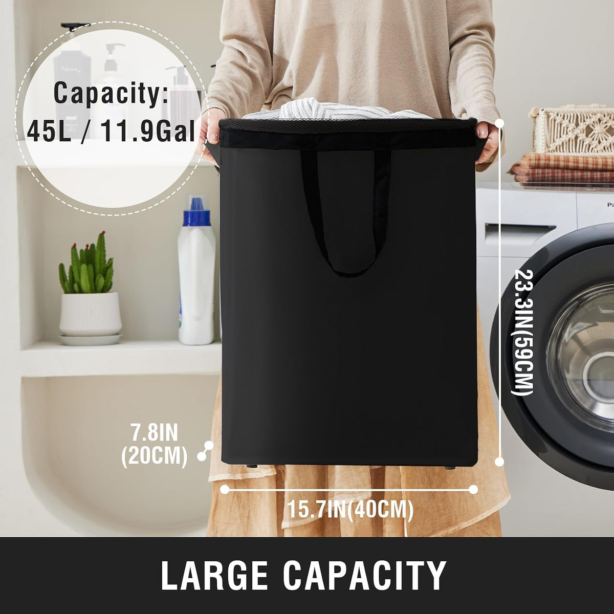 45L Slim Laundry Hamper with Removable Inner Bag & Side Handles, Black