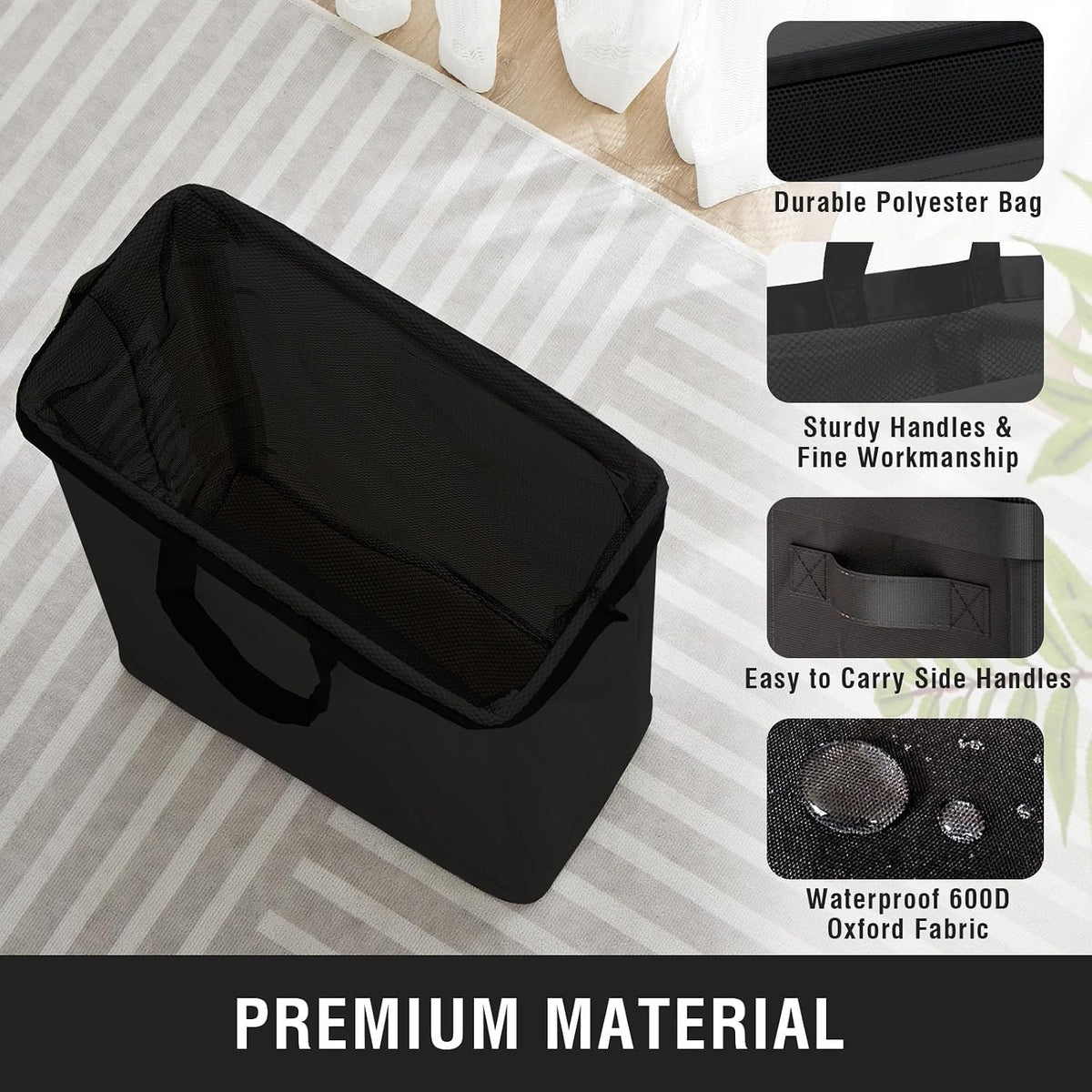 45L Slim Laundry Hamper with Removable Inner Bag & Side Handles, Black