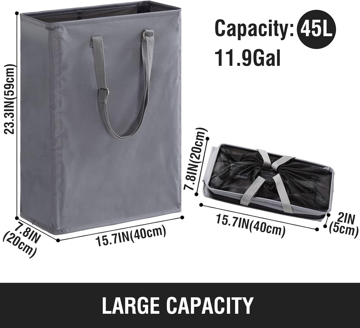 45L Slim Laundry Hamper with Removable Inner Bag & Side Handles, Black