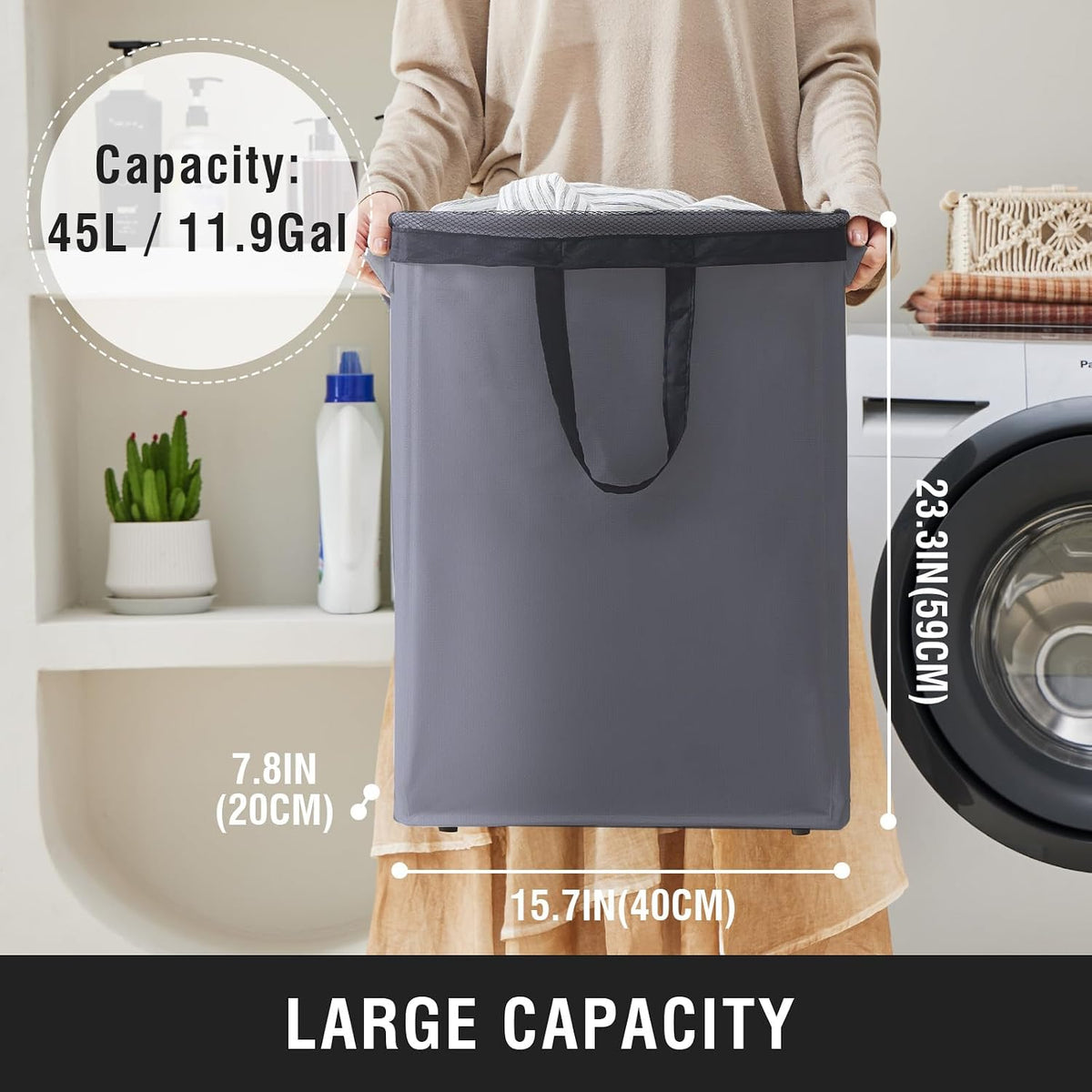 45L Slim Laundry Hamper with Removable Inner Bag & Side Handles, Black