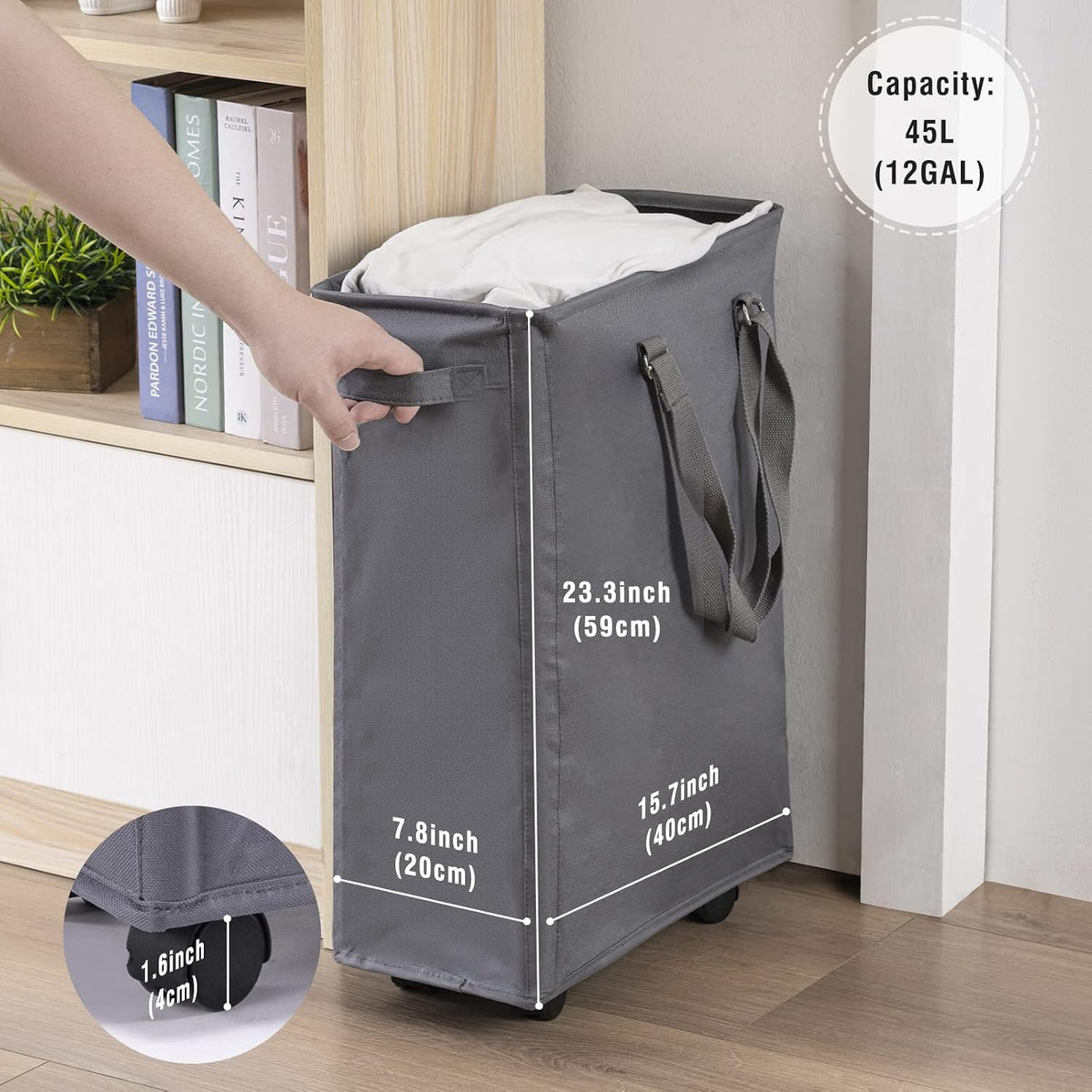 45L Slim Laundry Hamper with Removable Inner Bag & Side Handles, Black