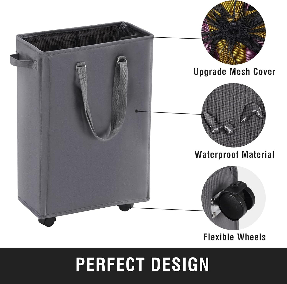 45L Slim Laundry Hamper with Removable Inner Bag & Side Handles, Black