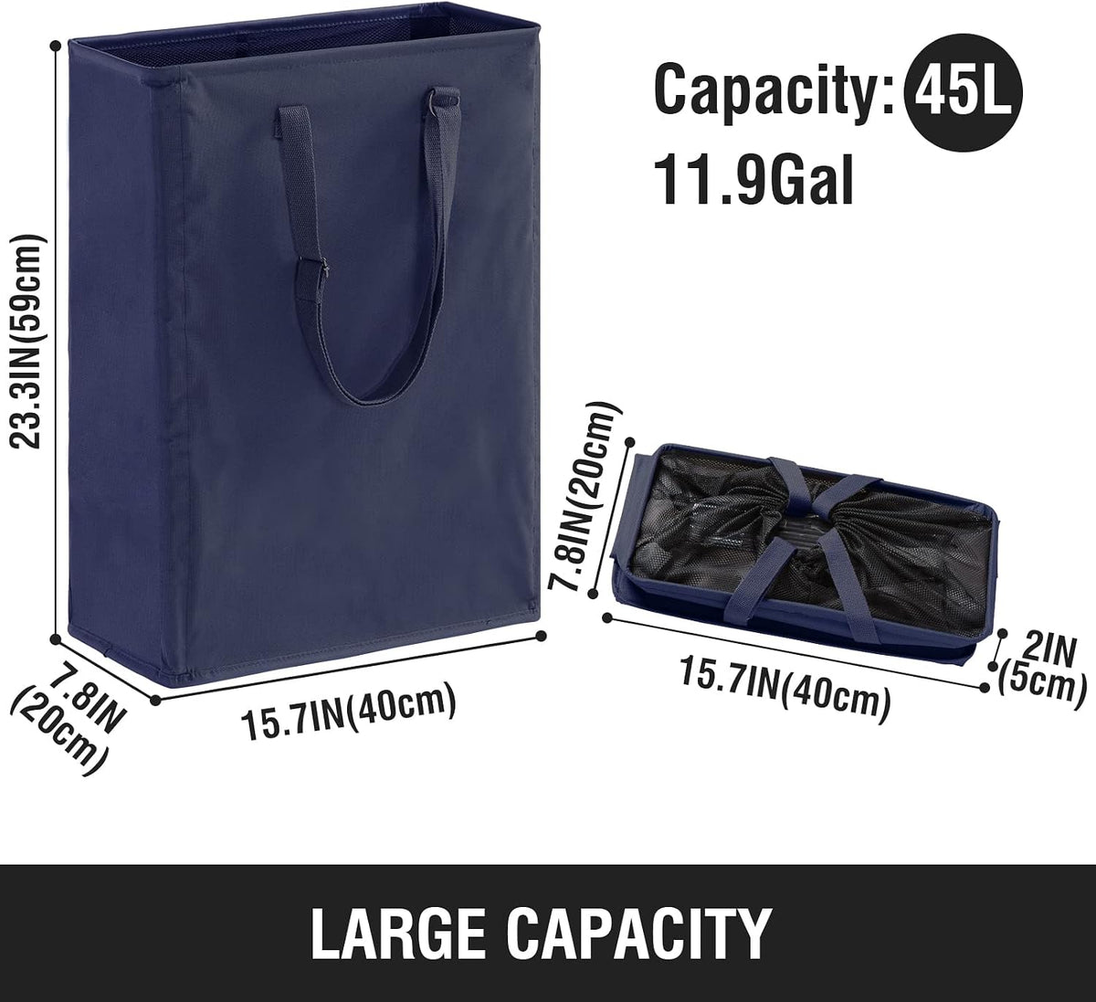 45L Slim Laundry Hamper with Removable Inner Bag & Side Handles, Black