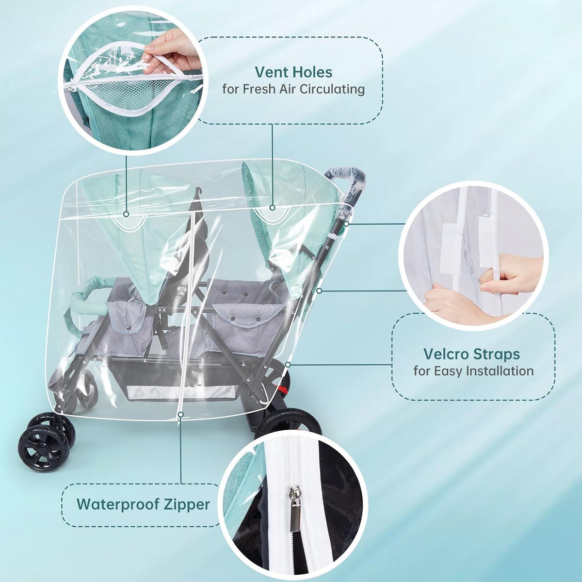 Double Stroller Rain Cover, Waterproof Weather Shield for Tandem Double Stroller, Twins Stroller Cover for Rain/Wind/Snow/Cold/Dust, Childseat Stroller Weather Shield, Baby Outdoor Accessories