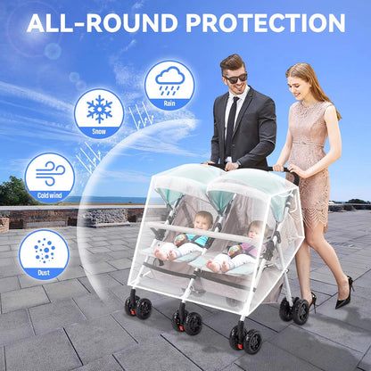 Double Stroller Rain Cover, Waterproof Weather Shield for Tandem Double Stroller, Twins Stroller Cover for Rain/Wind/Snow/Cold/Dust, Childseat Stroller Weather Shield, Baby Outdoor Accessories