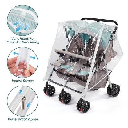 Double Stroller Rain Cover, Waterproof Weather Shield for Tandem Double Stroller, Twins Stroller Cover for Rain/Wind/Snow/Cold/Dust, Childseat Stroller Weather Shield, Baby Outdoor Accessories