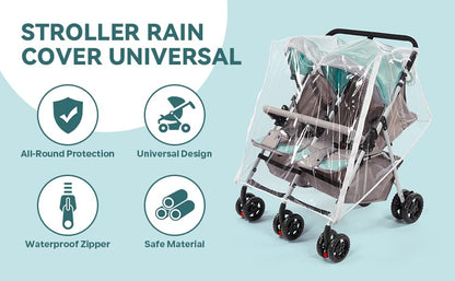 Double Stroller Rain Cover, Waterproof Weather Shield for Tandem Double Stroller, Twins Stroller Cover for Rain/Wind/Snow/Cold/Dust, Childseat Stroller Weather Shield, Baby Outdoor Accessories