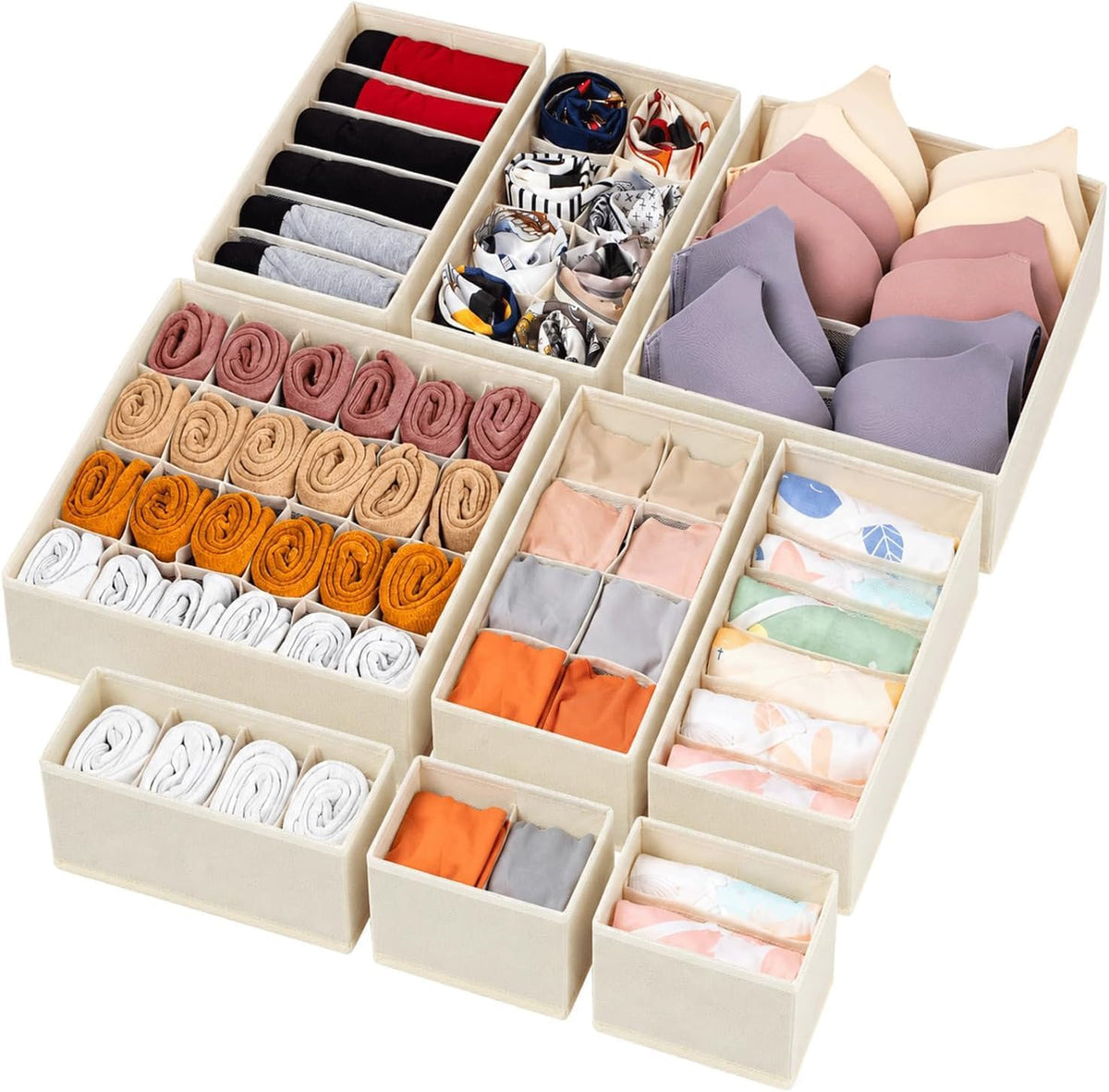 Drawer Organizer Set of 12 for Dresser Drawers, Foldable Drawer Organizers for Underwear, Socks, Bras, Panties, Baby Clothes & Accessories, Fabric Storage Bins with Dividers, 3 Sizes, Beige