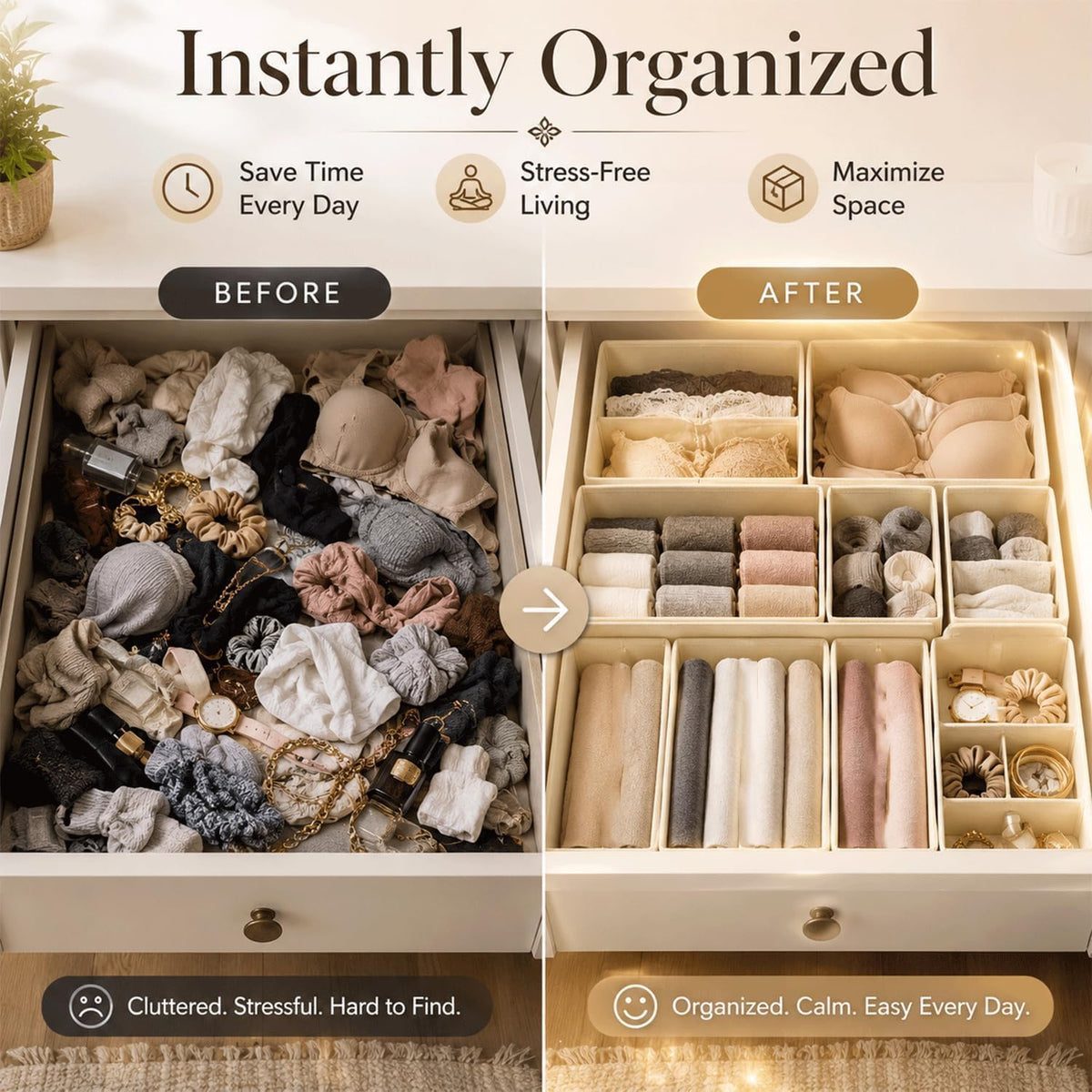 Drawer Organizer Set of 12 for Dresser Drawers, Foldable Drawer Organizers for Underwear, Socks, Bras, Panties, Baby Clothes & Accessories, Fabric Storage Bins with Dividers, 3 Sizes, Beige