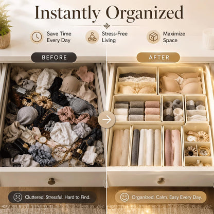 Drawer Organizer Set of 12 for Dresser Drawers, Foldable Drawer Organizers for Underwear, Socks, Bras, Panties, Baby Clothes & Accessories, Fabric Storage Bins with Dividers, 3 Sizes, Beige