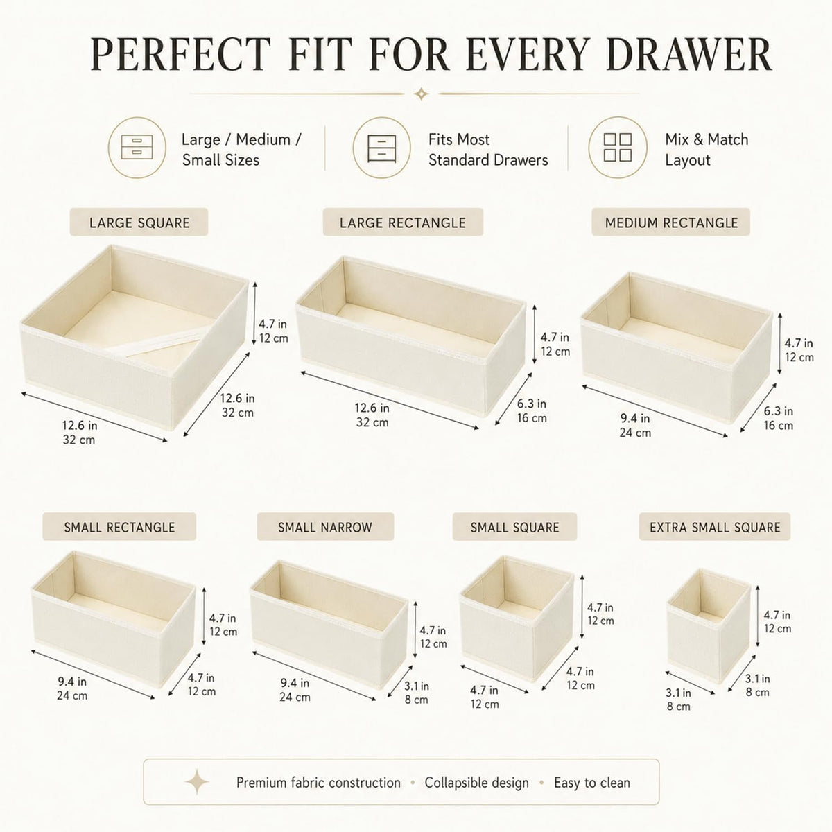 Drawer Organizer Set of 12 for Dresser Drawers, Foldable Drawer Organizers for Underwear, Socks, Bras, Panties, Baby Clothes & Accessories, Fabric Storage Bins with Dividers, 3 Sizes, Beige