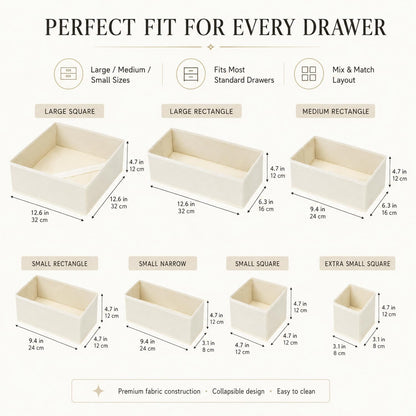 Drawer Organizer Set of 12 for Dresser Drawers, Foldable Drawer Organizers for Underwear, Socks, Bras, Panties, Baby Clothes & Accessories, Fabric Storage Bins with Dividers, 3 Sizes, Beige