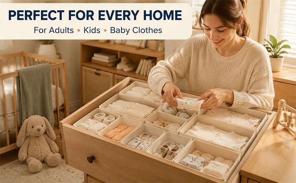 Drawer Organizer Set of 12 for Dresser Drawers, Foldable Drawer Organizers for Underwear, Socks, Bras, Panties, Baby Clothes & Accessories, Fabric Storage Bins with Dividers, 3 Sizes, Beige