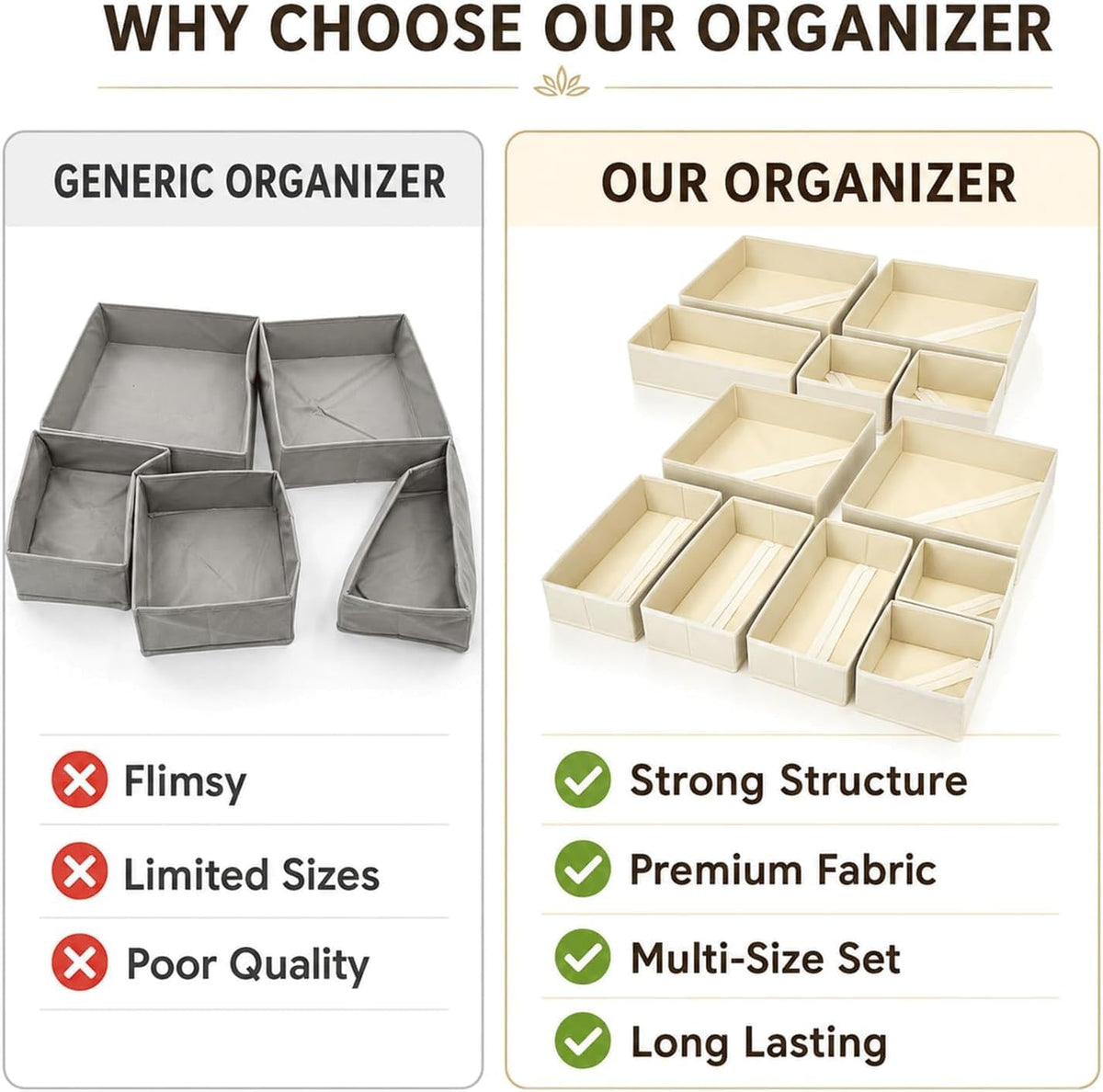Drawer Organizer Set of 12 for Dresser Drawers, Foldable Drawer Organizers for Underwear, Socks, Bras, Panties, Baby Clothes & Accessories, Fabric Storage Bins with Dividers, 3 Sizes, Beige