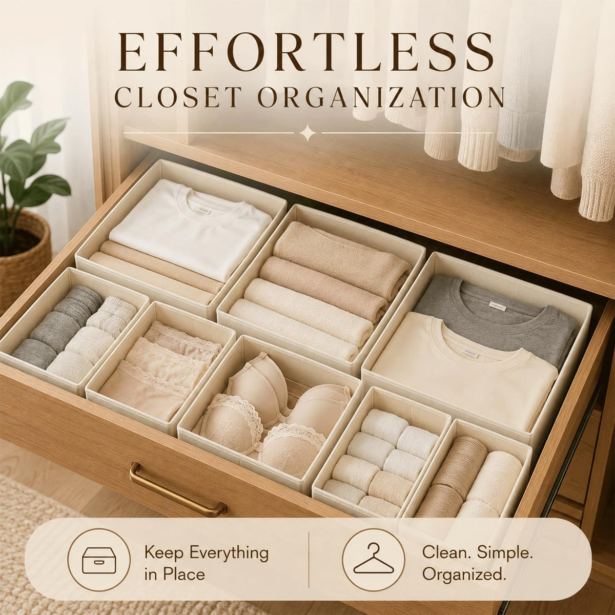 Drawer Organizer Set of 12 for Dresser Drawers, Foldable Drawer Organizers for Underwear, Socks, Bras, Panties, Baby Clothes & Accessories, Fabric Storage Bins with Dividers, 3 Sizes, Beige