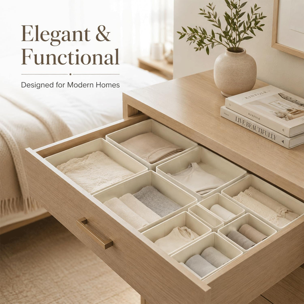 Drawer Organizer Set of 12 for Dresser Drawers, Foldable Drawer Organizers for Underwear, Socks, Bras, Panties, Baby Clothes & Accessories, Fabric Storage Bins with Dividers, 3 Sizes, Beige