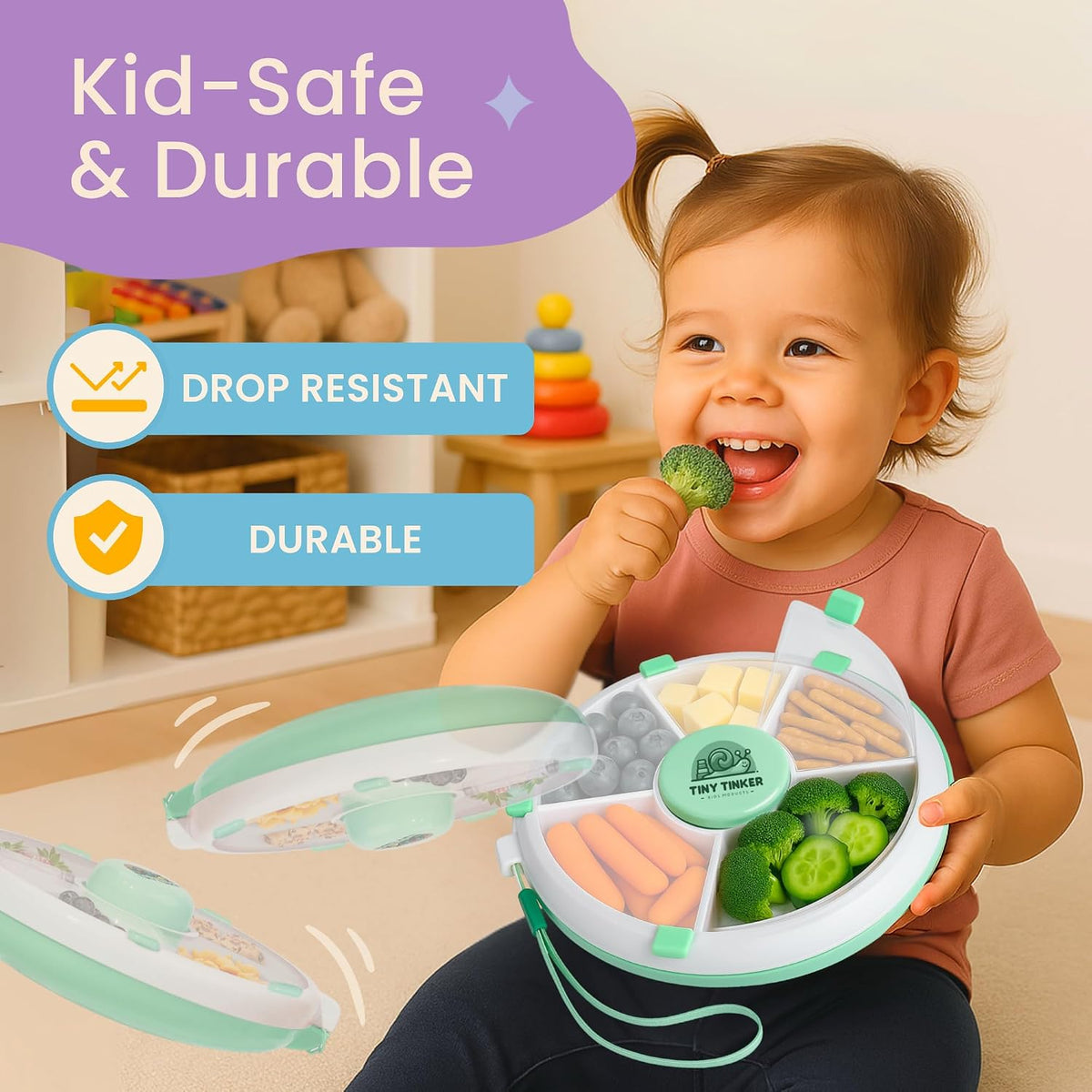 Snack Spinner for Toddlers with Lid, Small 5-Compartment Durable, Portable, Leak-Proof – Easy to Open, BPA-Free, Dishwasher Safe – Perfect for Travel, Daycare, Lunchboxes, and On-the-Go Snacks, Pink