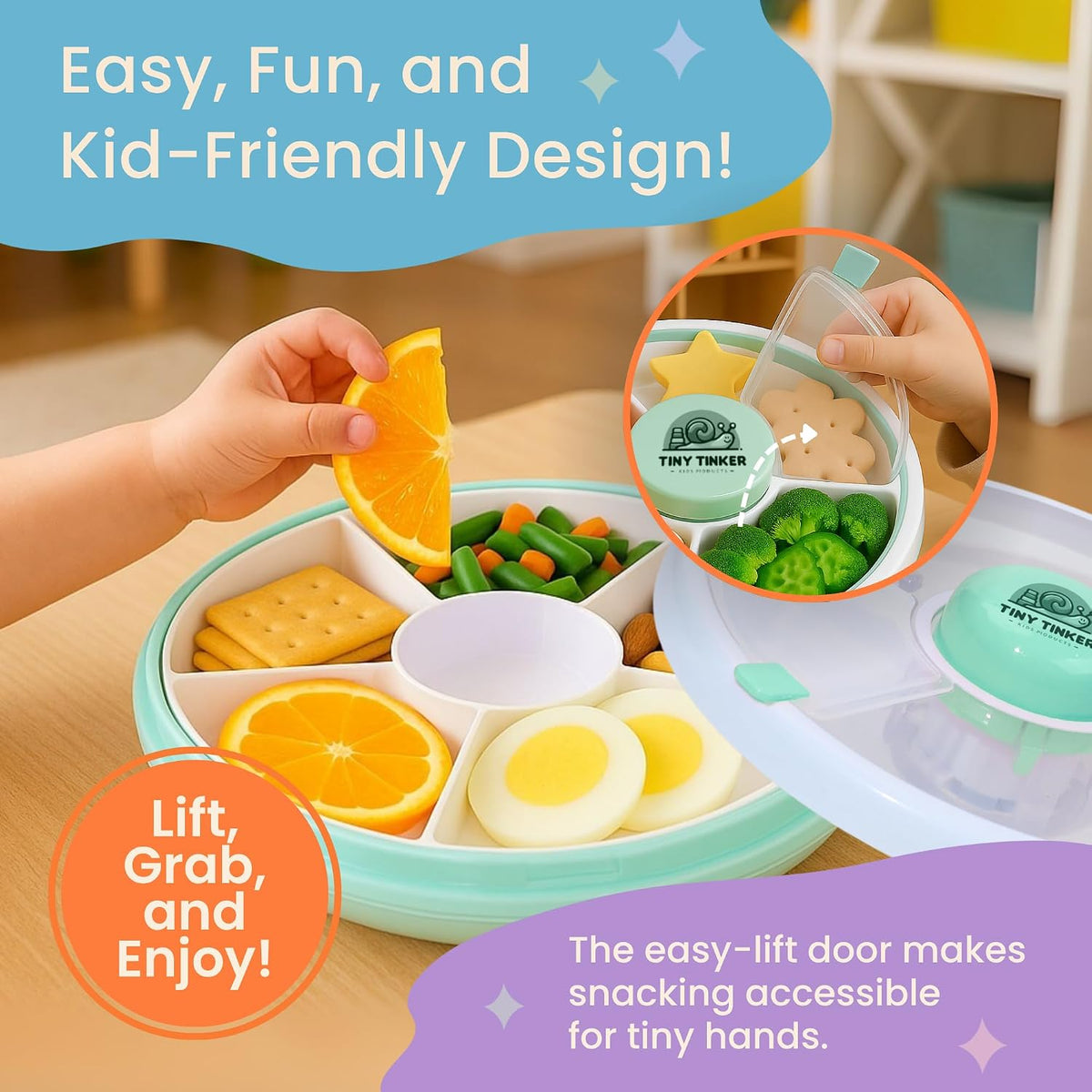 Snack Spinner for Toddlers with Lid, Small 5-Compartment Durable, Portable, Leak-Proof – Easy to Open, BPA-Free, Dishwasher Safe – Perfect for Travel, Daycare, Lunchboxes, and On-the-Go Snacks, Pink