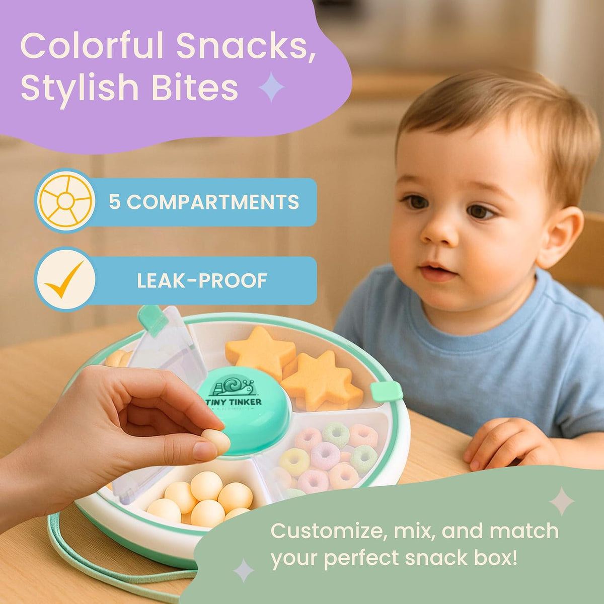Snack Spinner for Toddlers with Lid, Small 5-Compartment Durable, Portable, Leak-Proof – Easy to Open, BPA-Free, Dishwasher Safe – Perfect for Travel, Daycare, Lunchboxes, and On-the-Go Snacks, Pink