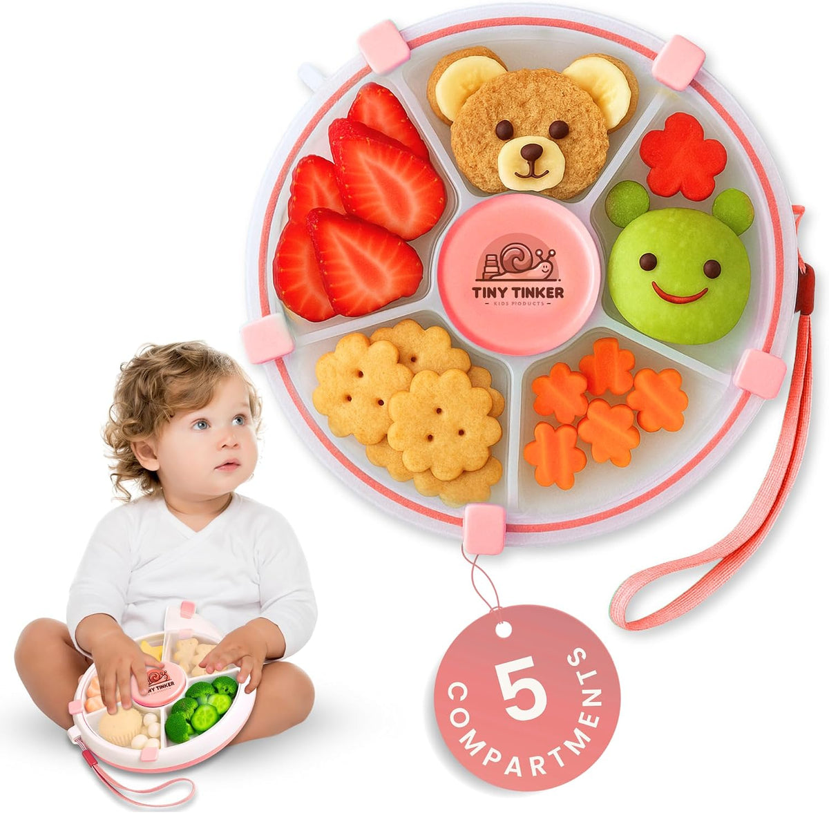 Snack Spinner for Toddlers with Lid, Small 5-Compartment Durable, Portable, Leak-Proof – Easy to Open, BPA-Free, Dishwasher Safe – Perfect for Travel, Daycare, Lunchboxes, and On-the-Go Snacks, Pink