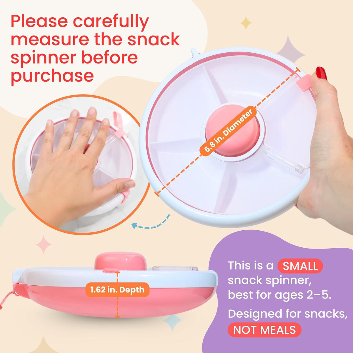 Snack Spinner for Toddlers with Lid, Small 5-Compartment Durable, Portable, Leak-Proof – Easy to Open, BPA-Free, Dishwasher Safe – Perfect for Travel, Daycare, Lunchboxes, and On-the-Go Snacks, Pink