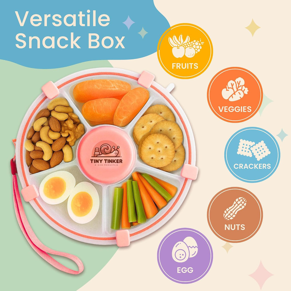 Snack Spinner for Toddlers with Lid, Small 5-Compartment Durable, Portable, Leak-Proof – Easy to Open, BPA-Free, Dishwasher Safe – Perfect for Travel, Daycare, Lunchboxes, and On-the-Go Snacks, Pink