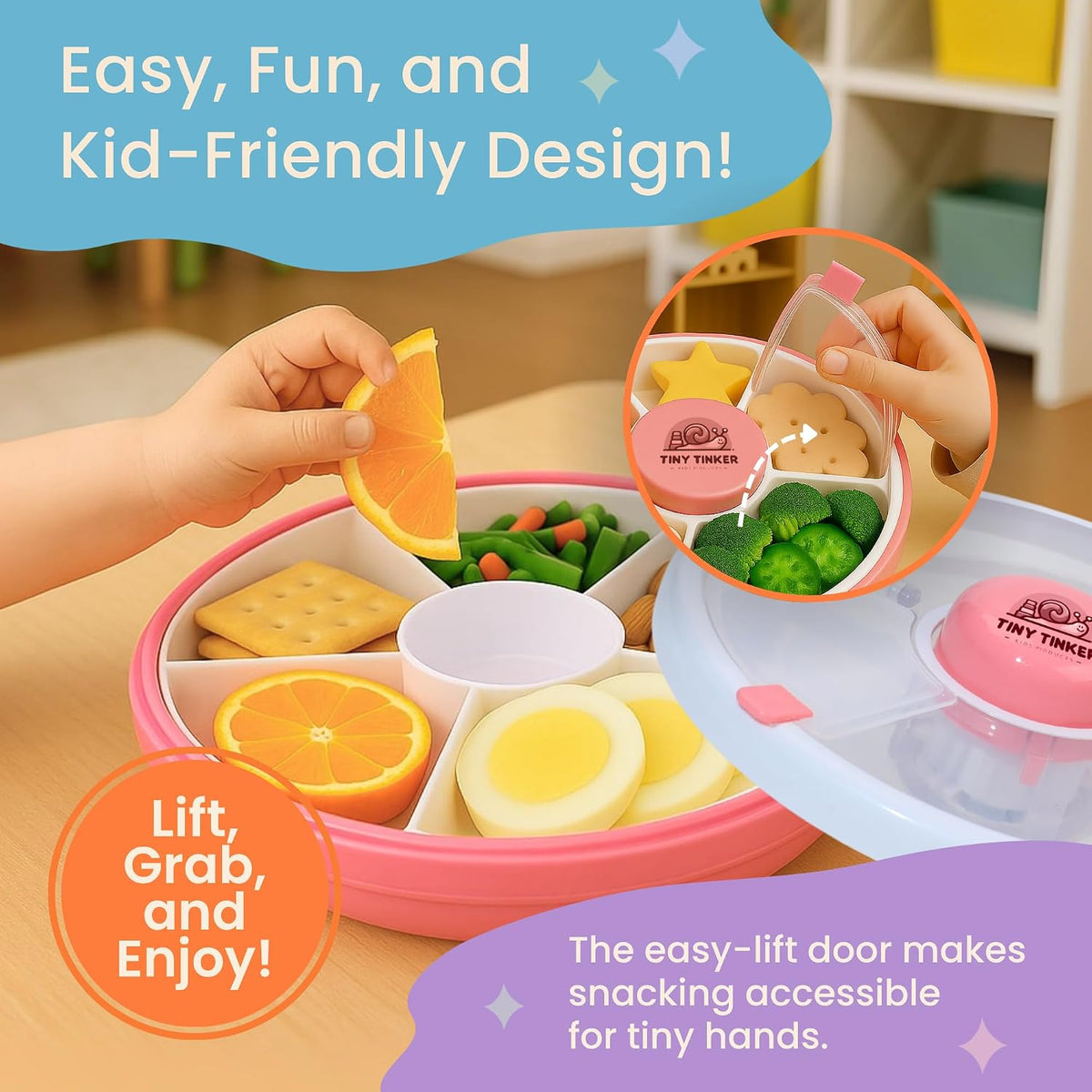 Snack Spinner for Toddlers with Lid, Small 5-Compartment Durable, Portable, Leak-Proof – Easy to Open, BPA-Free, Dishwasher Safe – Perfect for Travel, Daycare, Lunchboxes, and On-the-Go Snacks, Pink
