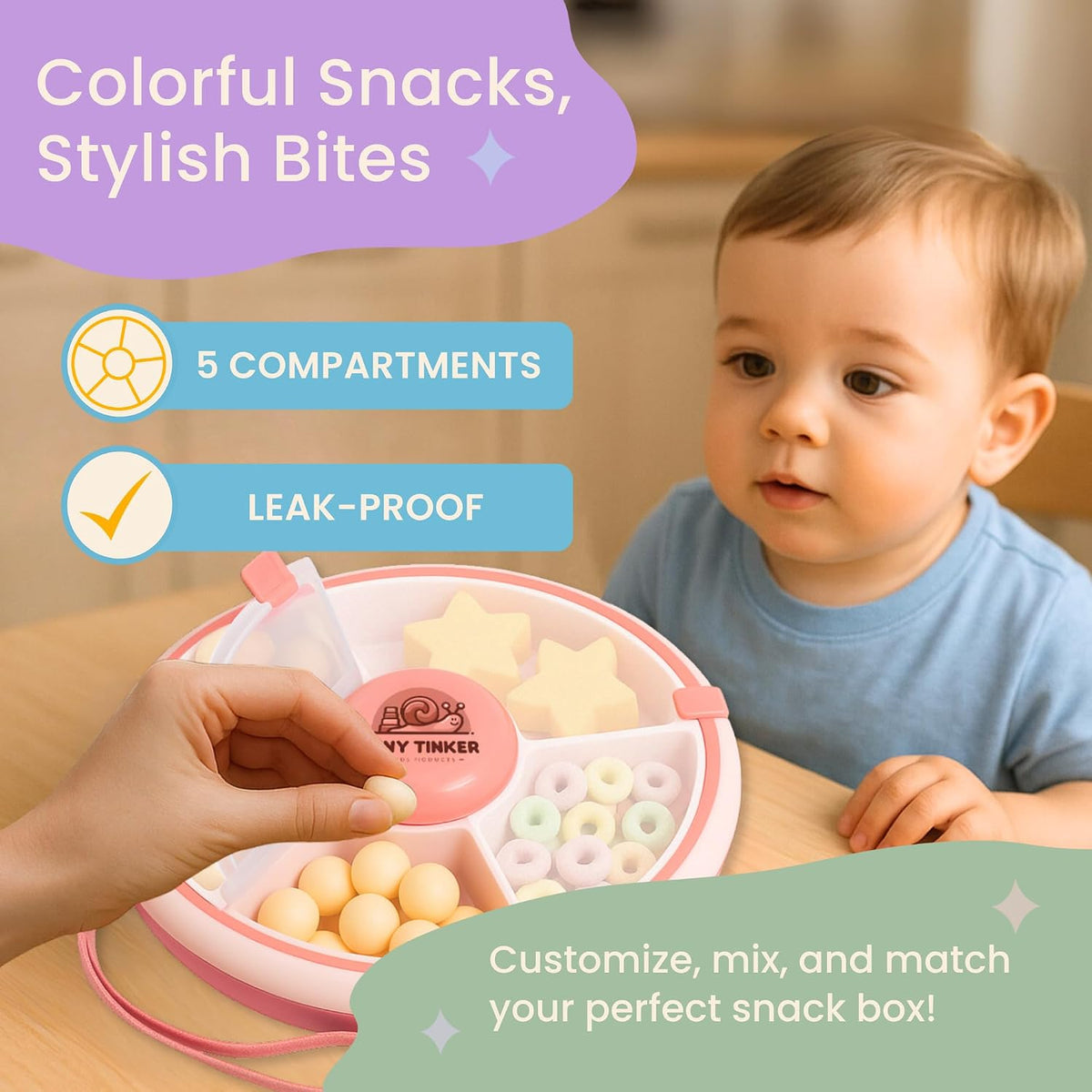Snack Spinner for Toddlers with Lid, Small 5-Compartment Durable, Portable, Leak-Proof – Easy to Open, BPA-Free, Dishwasher Safe – Perfect for Travel, Daycare, Lunchboxes, and On-the-Go Snacks, Pink