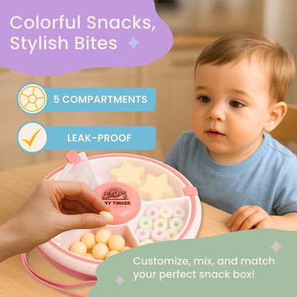 Snack Spinner for Toddlers with Lid, Small 5-Compartment Durable, Portable, Leak-Proof – Easy to Open, BPA-Free, Dishwasher Safe – Perfect for Travel, Daycare, Lunchboxes, and On-the-Go Snacks, Pink