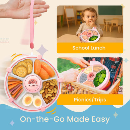 Snack Spinner for Toddlers with Lid, Small 5-Compartment Durable, Portable, Leak-Proof – Easy to Open, BPA-Free, Dishwasher Safe – Perfect for Travel, Daycare, Lunchboxes, and On-the-Go Snacks, Pink