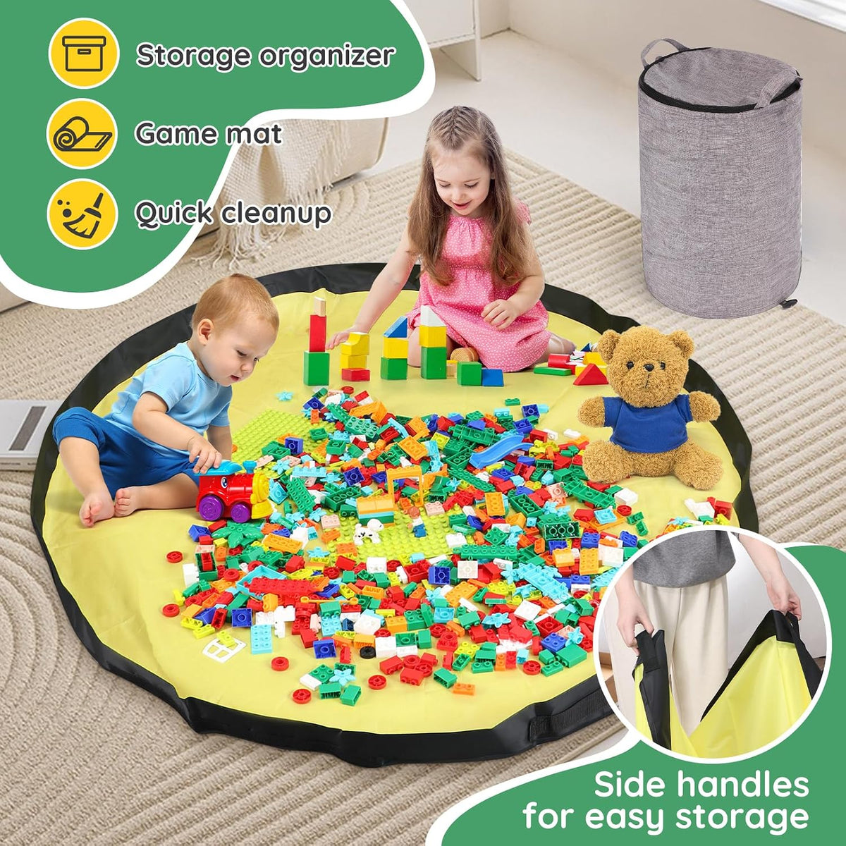 Toy Storage Organizer for Playroom, 13"W x16.5"H Foldable Bin with Play Mat & Zipper - Large Capacity Organizer for Scattered Building Blocks & Stuffed Animals