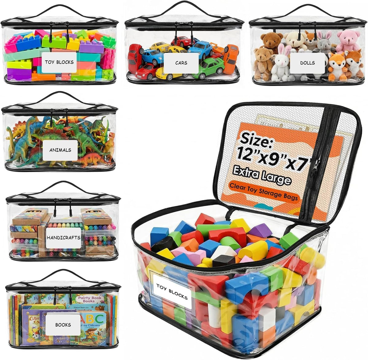 6 Pack Extra Large Clear Toy Storage Bags With Zipper (Black)