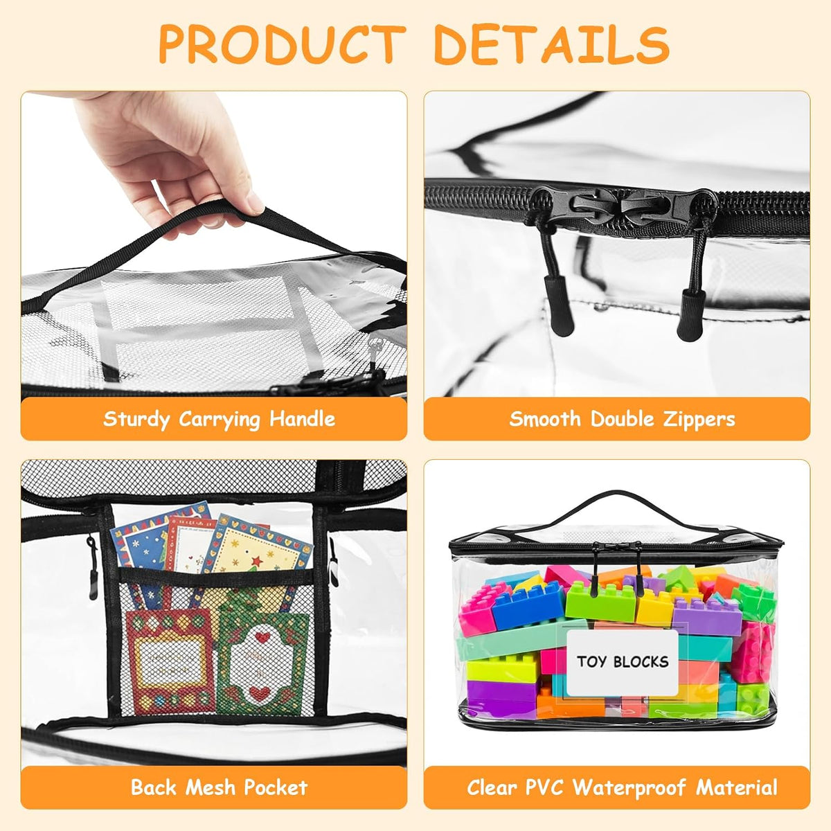 6 Pack Extra Large Clear Toy Storage Bags With Zipper (Black)