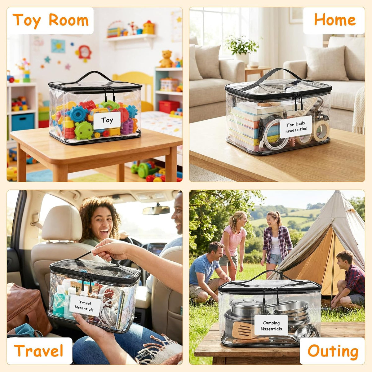 6 Pack Extra Large Clear Toy Storage Bags With Zipper (Black)