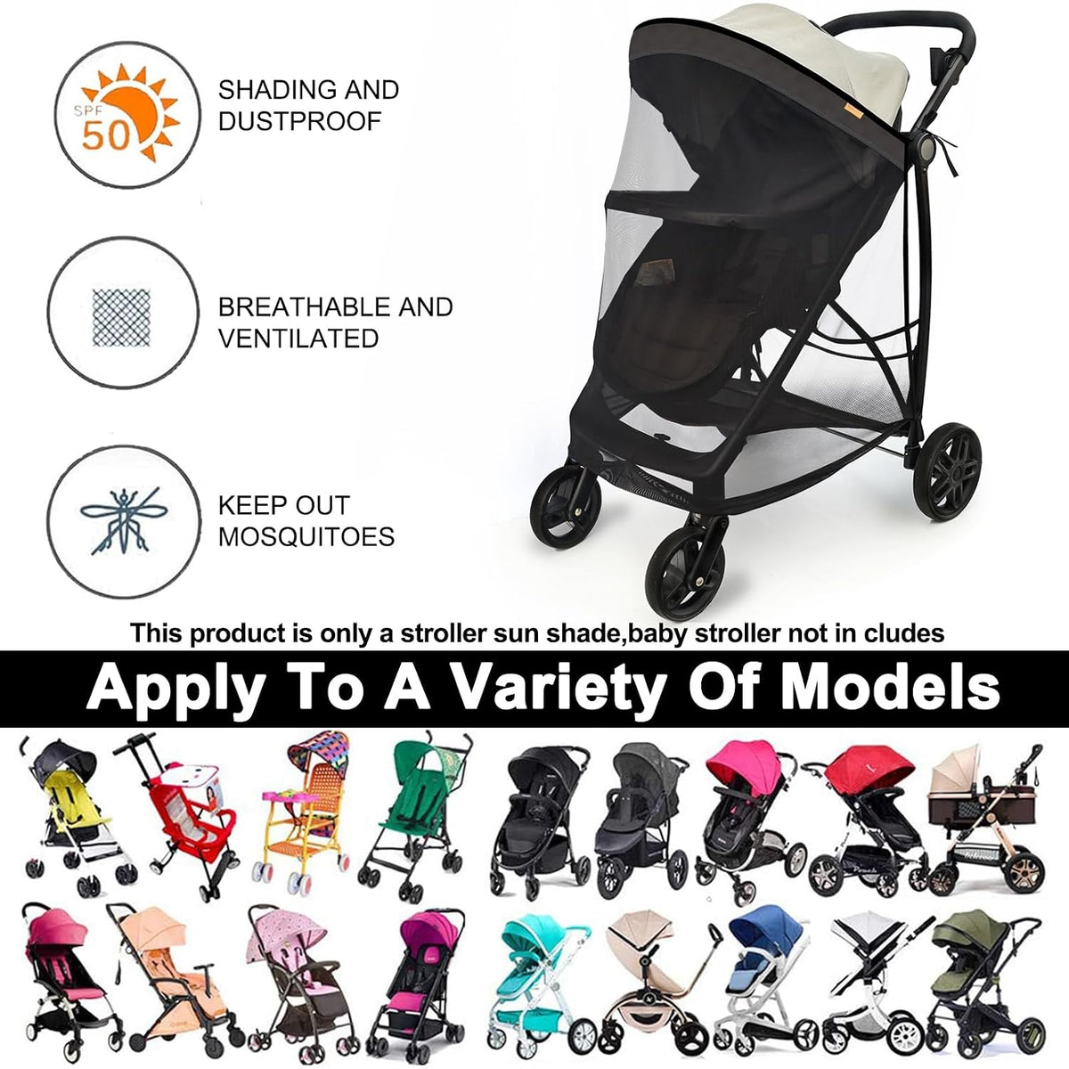 Stroller Sun Shade - Universal Stroller Sun Shade for Travel Strollers, Jogging Strollers; Baby and Toddler Travel Essential; Safely Blocks Up to 97% of UV, Easy to Install(Black)