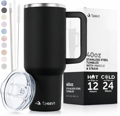 40 oz Tumbler With Handle and Straw Made of Stainless Steel - Double Wall Vacuum Insulated Tumbler With Lid - Sweat Proof Easy Grip, BPA-Free, Dishwasher Safe Tumbler (Charcoal)