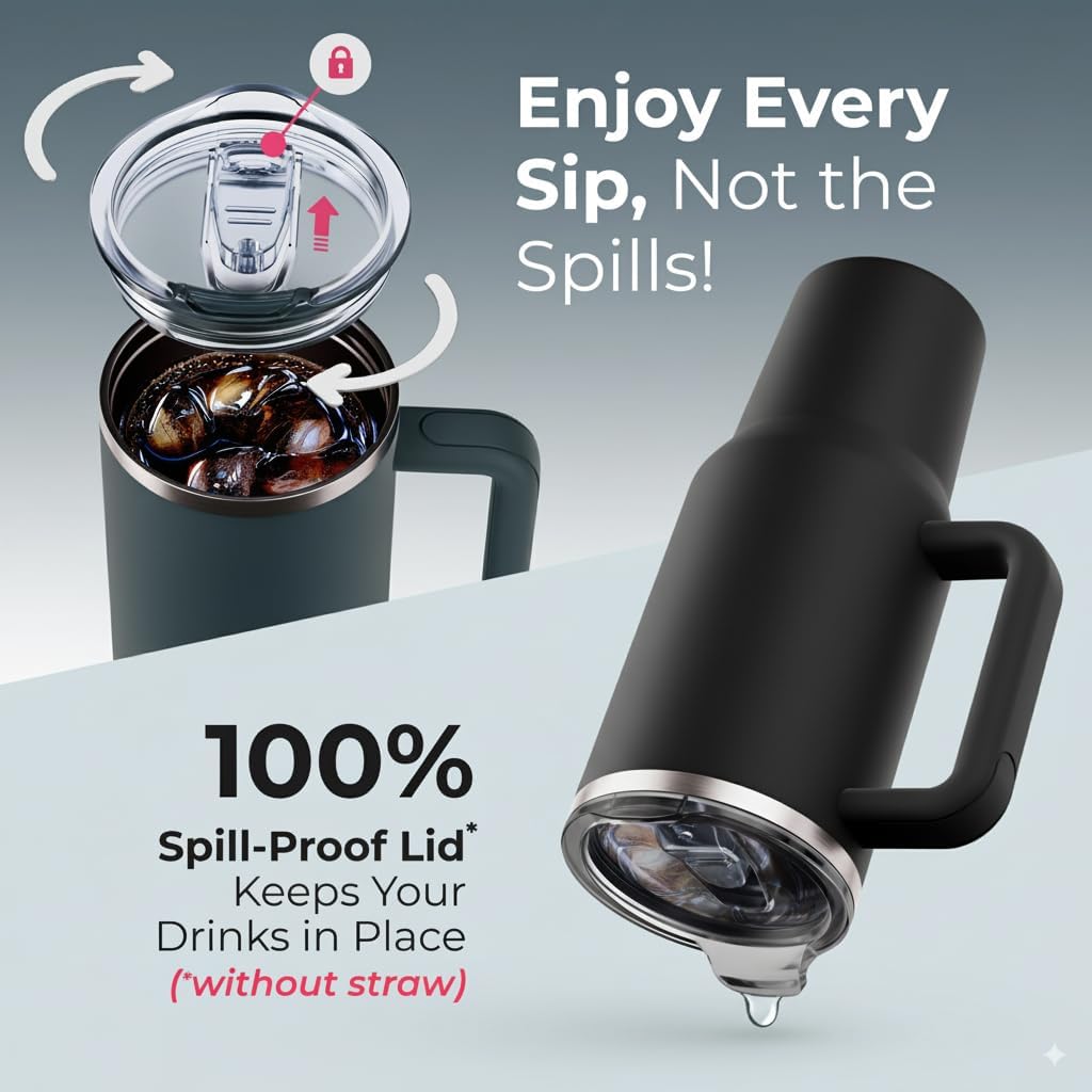 40 oz Tumbler With Handle and Straw Made of Stainless Steel - Double Wall Vacuum Insulated Tumbler With Lid - Sweat Proof Easy Grip, BPA-Free, Dishwasher Safe Tumbler (Charcoal)
