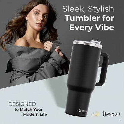 40 oz Tumbler With Handle and Straw Made of Stainless Steel - Double Wall Vacuum Insulated Tumbler With Lid - Sweat Proof Easy Grip, BPA-Free, Dishwasher Safe Tumbler (Charcoal)