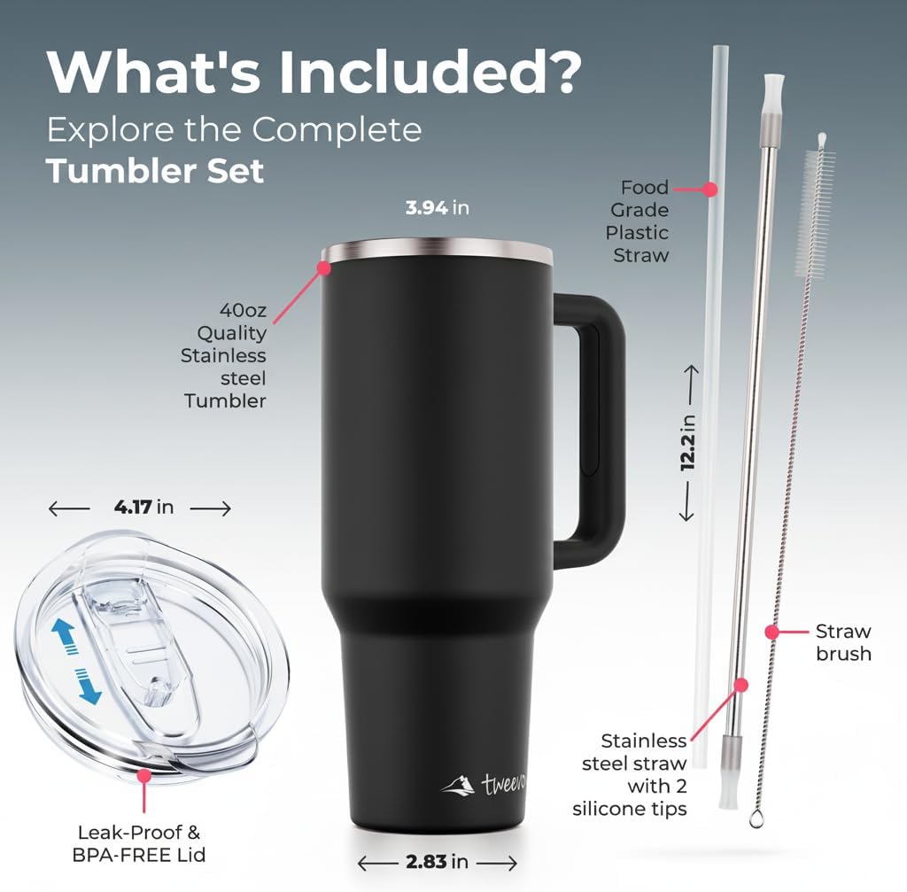 40 oz Tumbler With Handle and Straw Made of Stainless Steel - Double Wall Vacuum Insulated Tumbler With Lid - Sweat Proof Easy Grip, BPA-Free, Dishwasher Safe Tumbler (Charcoal)
