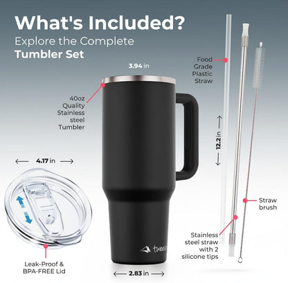 40 oz Tumbler With Handle and Straw Made of Stainless Steel - Double Wall Vacuum Insulated Tumbler With Lid - Sweat Proof Easy Grip, BPA-Free, Dishwasher Safe Tumbler (Charcoal)