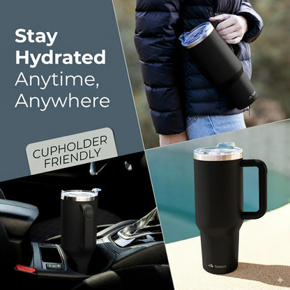 40 oz Tumbler With Handle and Straw Made of Stainless Steel - Double Wall Vacuum Insulated Tumbler With Lid - Sweat Proof Easy Grip, BPA-Free, Dishwasher Safe Tumbler (Charcoal)