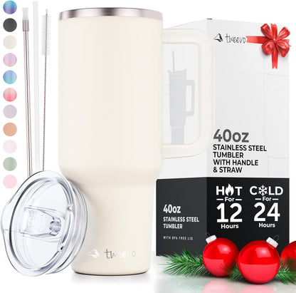 40 oz Tumbler With Handle and Straw Made of Stainless Steel - Double Wall Vacuum Insulated Tumbler With Lid - Sweat Proof Easy Grip, BPA-Free, Dishwasher Safe Tumbler (Charcoal)
