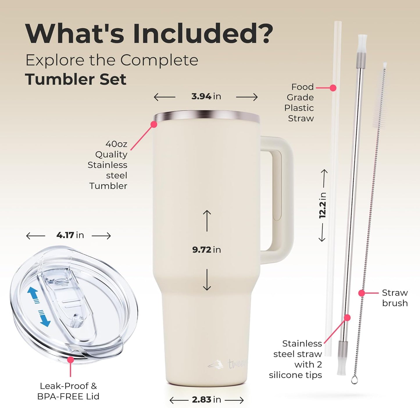 40 oz Tumbler With Handle and Straw Made of Stainless Steel - Double Wall Vacuum Insulated Tumbler With Lid - Sweat Proof Easy Grip, BPA-Free, Dishwasher Safe Tumbler (Charcoal)