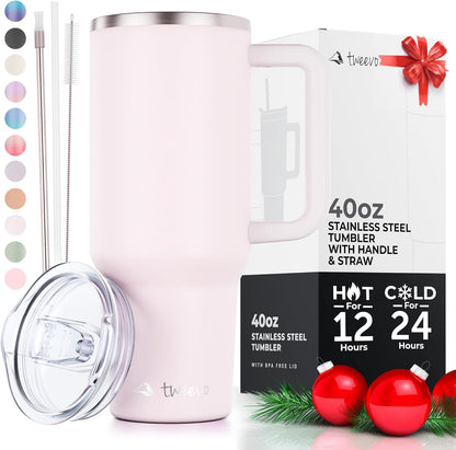 40 oz Tumbler With Handle and Straw Made of Stainless Steel - Double Wall Vacuum Insulated Tumbler With Lid - Sweat Proof Easy Grip, BPA-Free, Dishwasher Safe Tumbler (Charcoal)