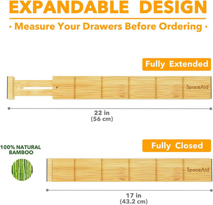 Bamboo Drawer Dividers with Inserts and Labels, Kitchen Adjustable Drawer Organizers, Expandable Organization for Home, Office, Dressers, 4 Dividers with 9 Inserts (17"-22" Natural)