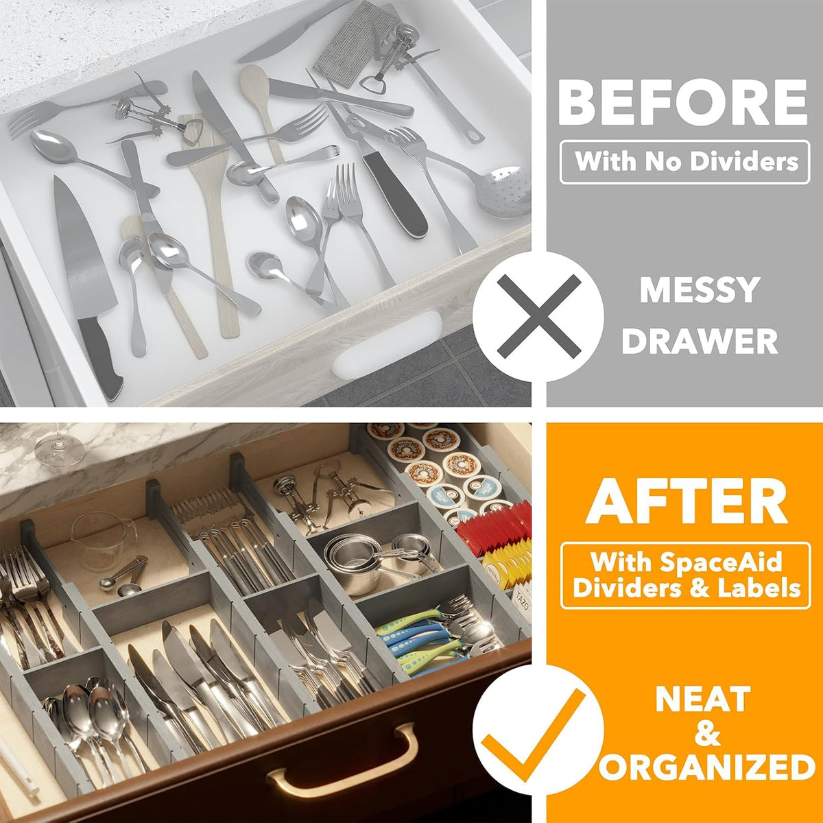 Bamboo Drawer Dividers with Inserts and Labels, Kitchen Adjustable Drawer Organizers, Expandable Organization for Home, Office, Dressers, 4 Dividers with 9 Inserts (17"-22" Natural)