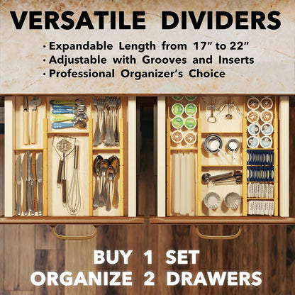 Bamboo Drawer Dividers with Inserts and Labels, Kitchen Adjustable Drawer Organizers, Expandable Organization for Home, Office, Dressers, 4 Dividers with 9 Inserts (17"-22" Natural)