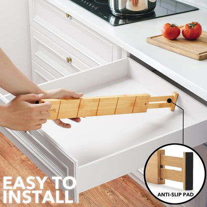 Bamboo Drawer Dividers with Inserts and Labels, Kitchen Adjustable Drawer Organizers, Expandable Organization for Home, Office, Dressers, 4 Dividers with 9 Inserts (17"-22" Natural)