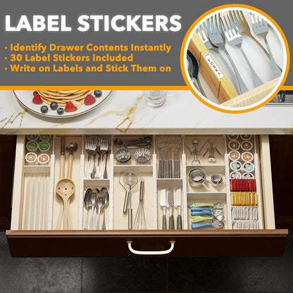Bamboo Drawer Dividers with Inserts and Labels, Kitchen Adjustable Drawer Organizers, Expandable Organization for Home, Office, Dressers, 4 Dividers with 9 Inserts (17"-22" Natural)