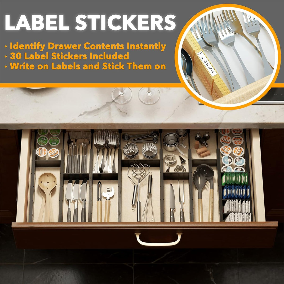 Bamboo Drawer Dividers with Inserts and Labels, Kitchen Adjustable Drawer Organizers, Expandable Organization for Home, Office, Dressers, 4 Dividers with 9 Inserts (17"-22" Natural)